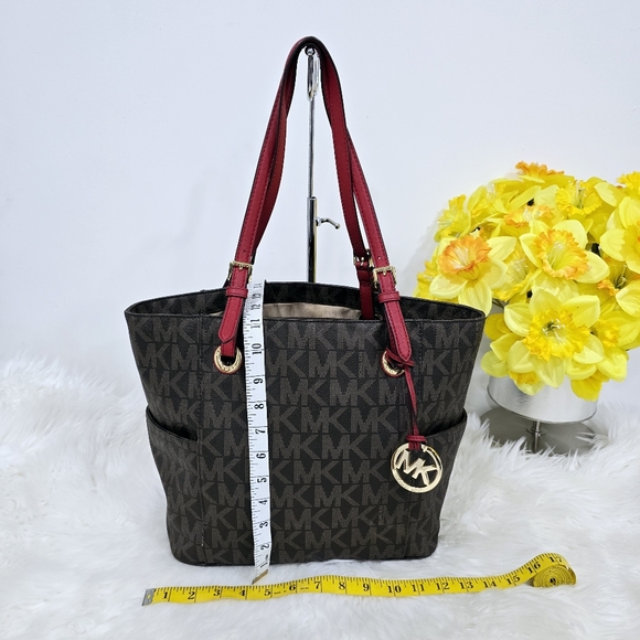 Michael Kors Jet Set Brown/Cherry Signature Logo Tote Shoulder Bag - Picture 4 of 16